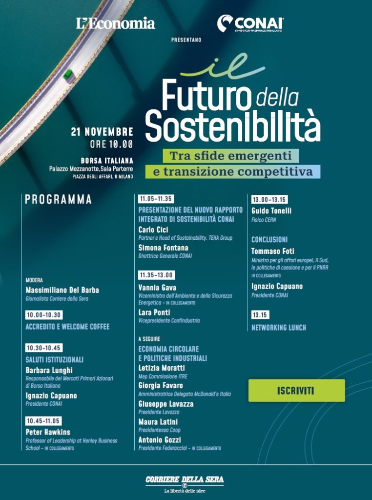 Programma EVENTO CONAI 21 Novembre 2025: Il futuro della Sostenibilità tra sfide emergenti e transizione competitiva